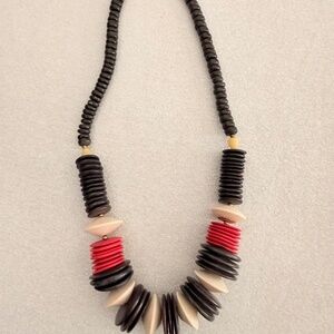 Ethnic Tribal Style Wood Disks Beaded Necklace 20” Boho Statement Black, Red
